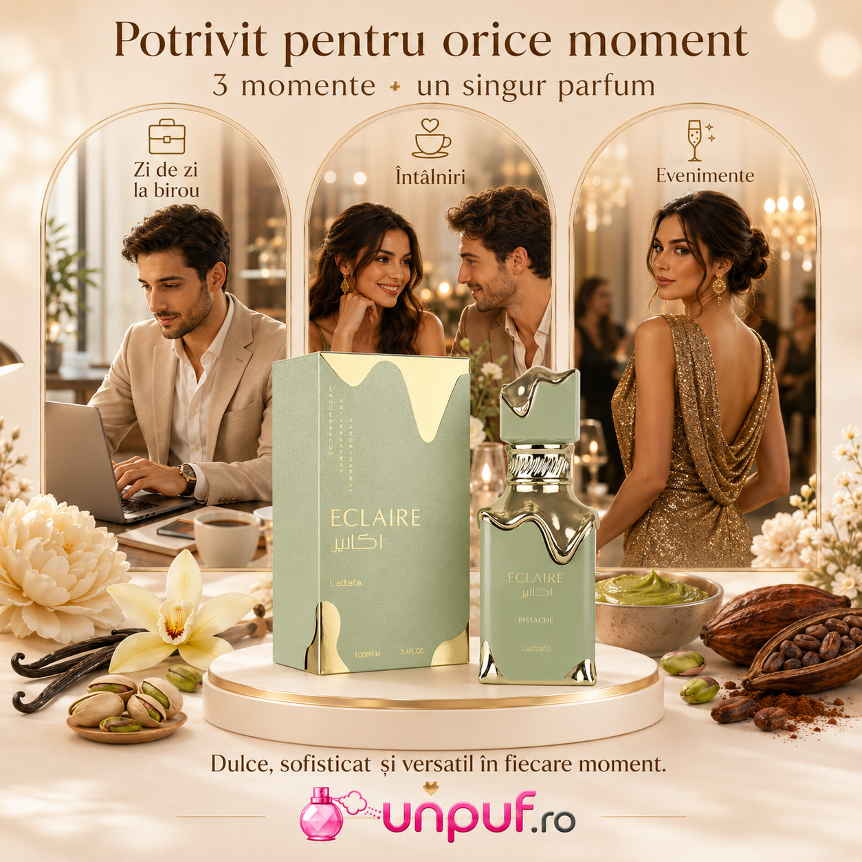 Prezentare parfum Lattafa Eclaire Pistache ambalaj premium capac sculptural și accente aurii